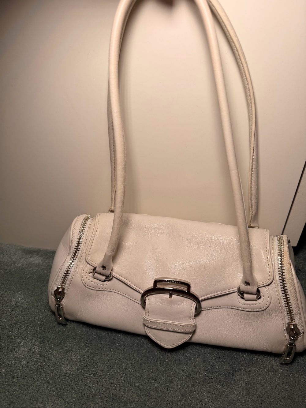 Cole Haan Cream Leather Shoulder Bag with Buckle Trim (Magnetic Closure)